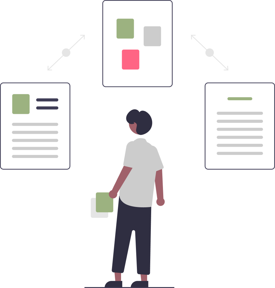 Cartoon man in a grey top and dark blue trousers looking at three rectangles with green buttons in